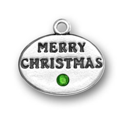 Sterling Silver Merry Christmas with Green Crystal