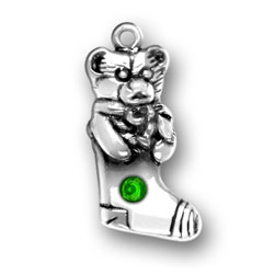 Sterling Silver Teddy Bear Stocking with Green Crystal